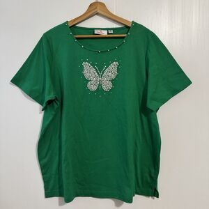 Quacker Factory Butterfly Shirt Pearls Rhinestones Green T-Shirt Tee 1X